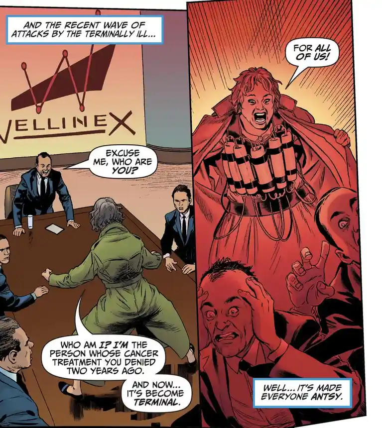 A comic panel shows a woman in a green jumpsuit confronting executives at a 'Vellinex' company, revealing she was denied…