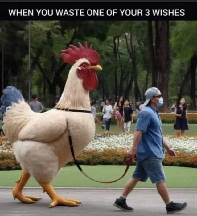 A man in a blue shirt and cap walks a large, realistic-looking rooster on a leash through a park with other people in the…