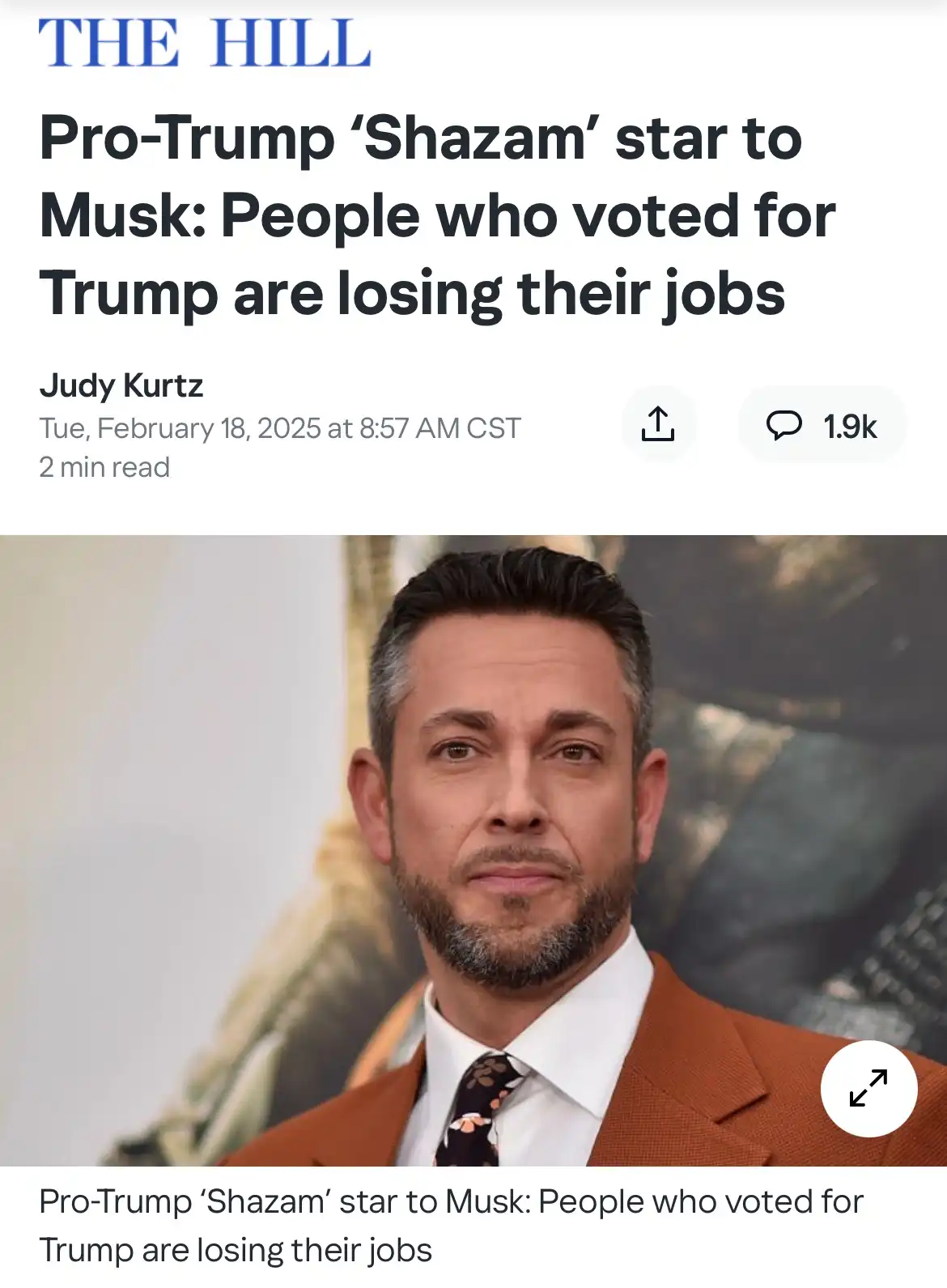 The image displays a screenshot of a news article from 'THE HILL' with the headline 'Pro-Trump ‘Shazam’ star to Musk: People…