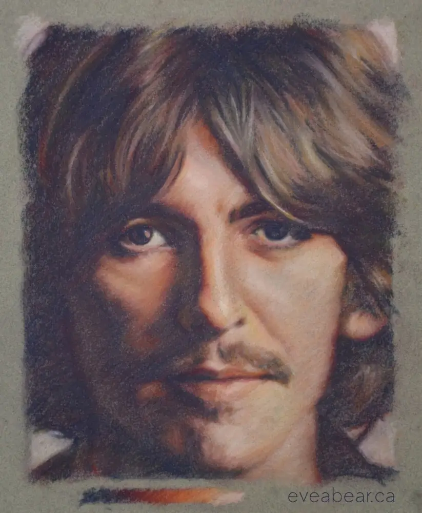 A pastel drawing of a man with shaggy brown hair, a mustache, and a serious expression. The image has a watermark in the…