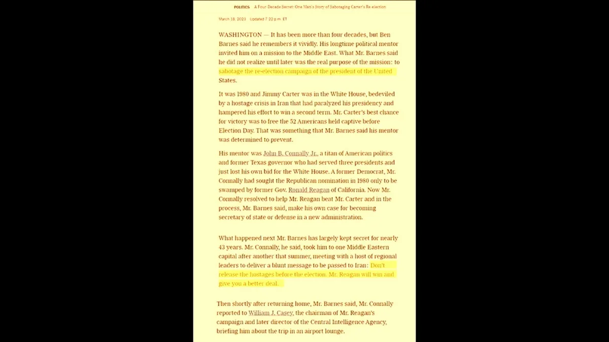 A screenshot of a news article with two highlighted sentences. The first highlights 'to sabotage the re-election campaign of…