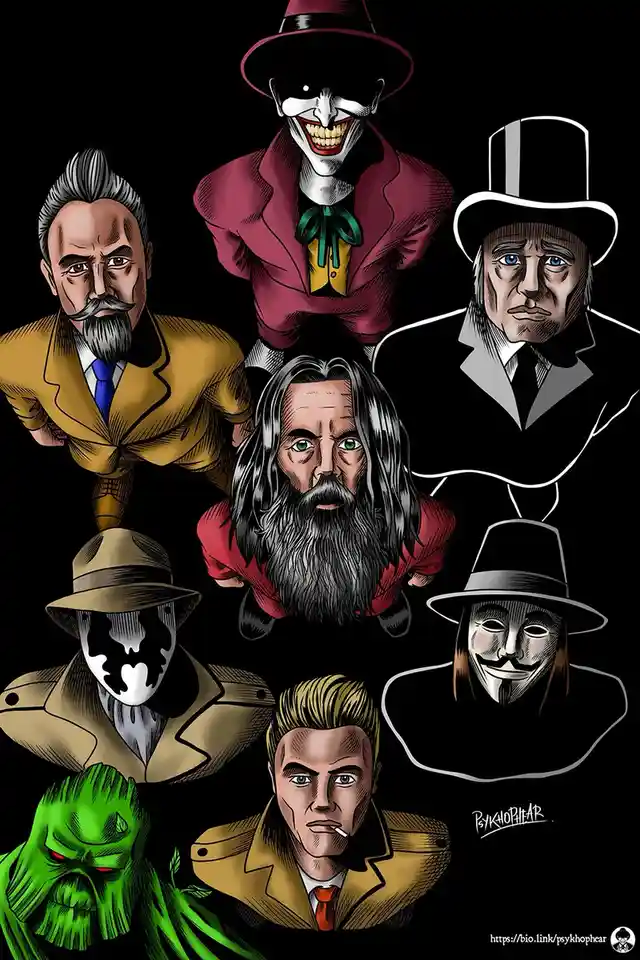 A stylized illustration of seven iconic fictional villains against a black background, including the Joker in a red suit and…