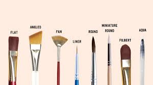 A row of paintbrushes with labels identifying their shapes: flat, angled, fan, liner, round, miniature round, filbert, and…