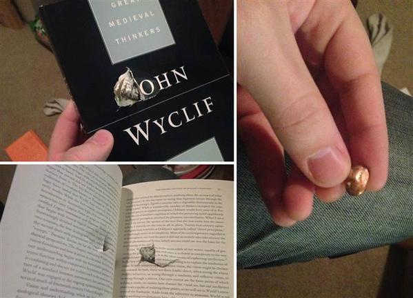 A collage shows a book titled 'Great Medieval Thinkers: John Wyclif' with a torn cover revealing a small stone, then a…