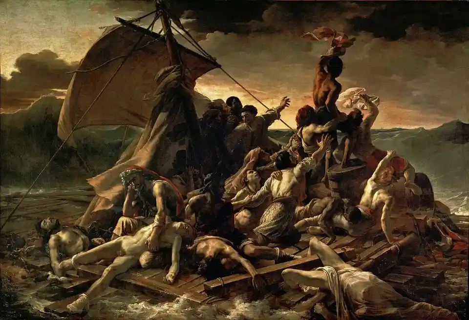 a dramatic historical painting depicting a chaotic shipwreck scene with numerous distressed and dying men clinging to a…