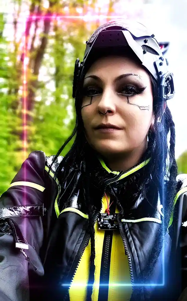 A person with dark hair and dramatic makeup, including black lines resembling circuitry under their eyes, wears a futuristic…