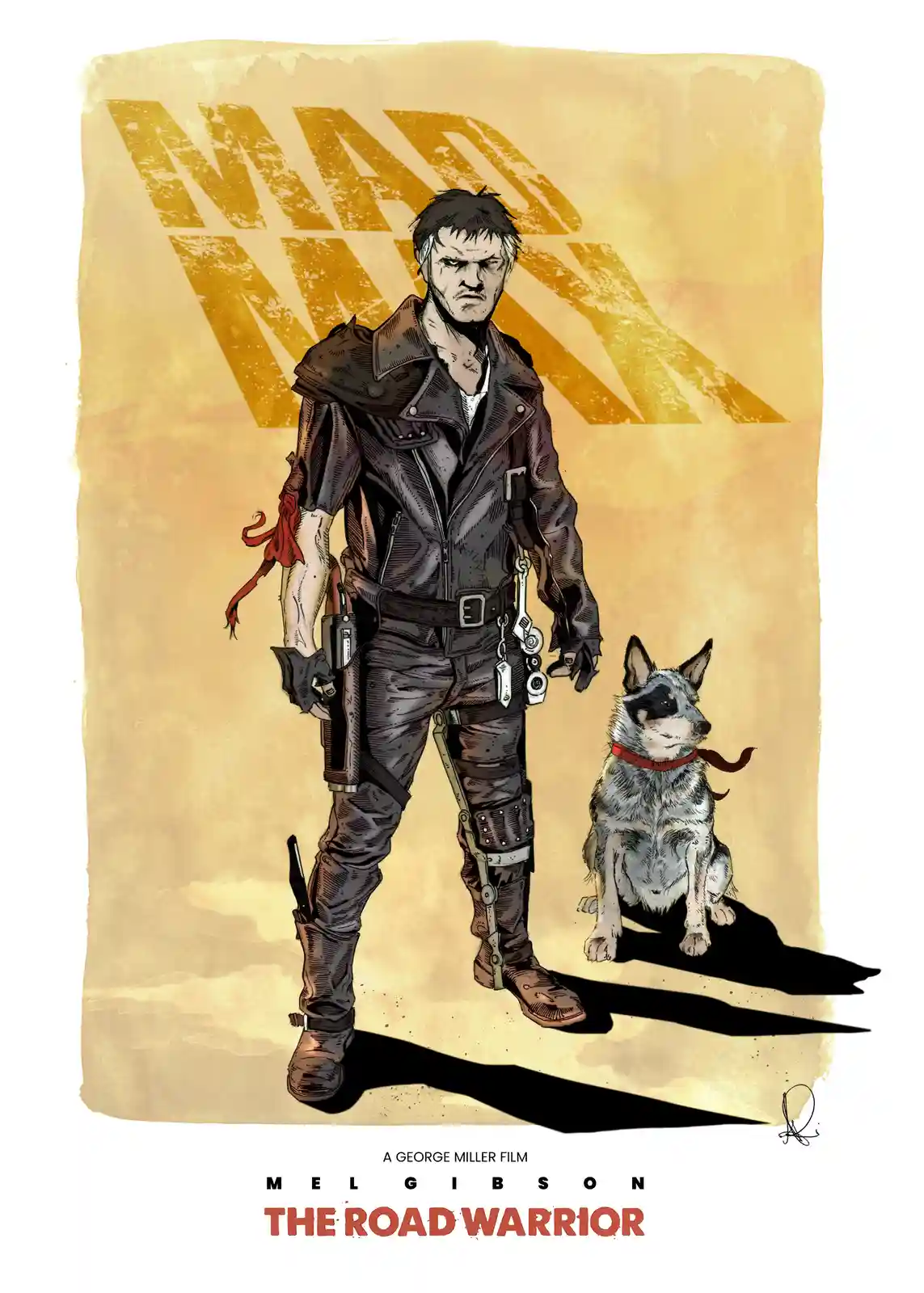 An illustrated movie poster for 'Mad Max: The Road Warrior' featuring the main character, Max, in a leather jacket with a…