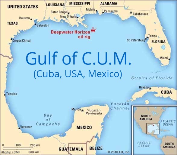 A map of the Gulf of Mexico with the Deepwater Horizon oil rig marked near Louisiana. The text 'Gulf of C.U.M. (Cuba, USA…