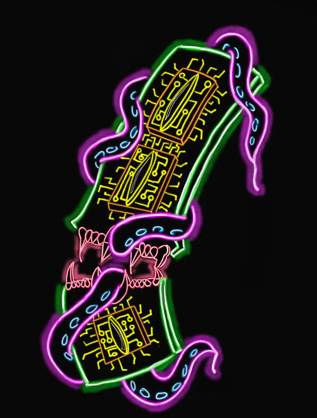 A stylized, glowing neon outline of an octopus with circuit board patterns on its body and tentacles, set against a black…