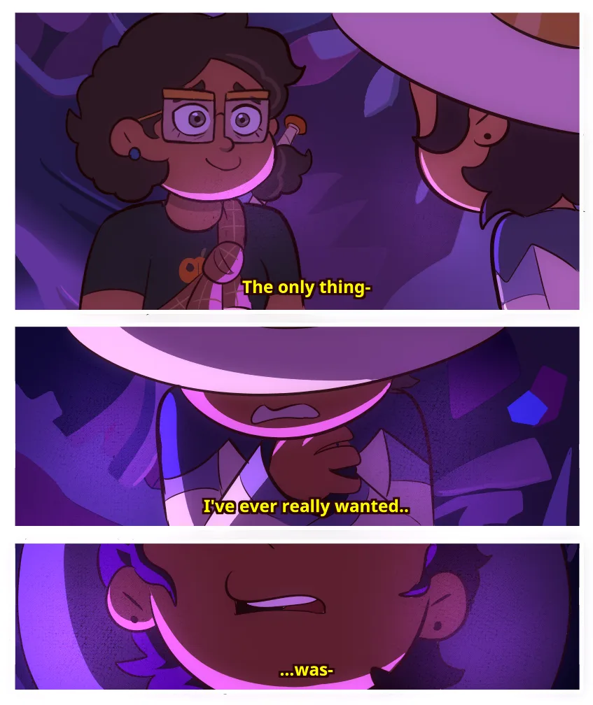 A three-panel comic strip from the animated series 'Star vs. the Forces of Evil' shows two characters in a purple-lit scene…
