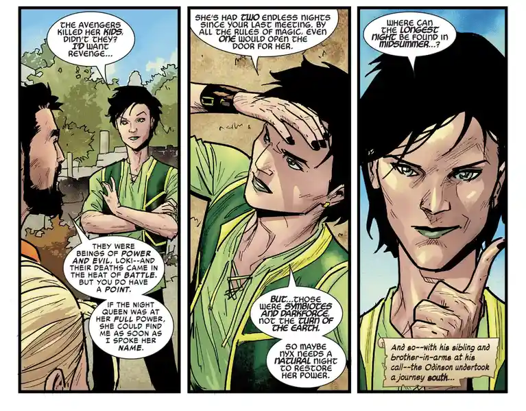 A comic panel showing a character in a green and yellow outfit discussing revenge against the Avengers for killing her…