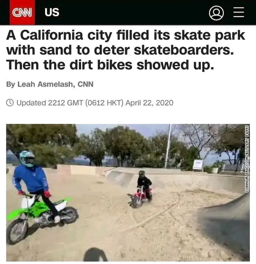 The image shows a screenshot of a CNN news article with a headline about a California city filling its skate park with sand…