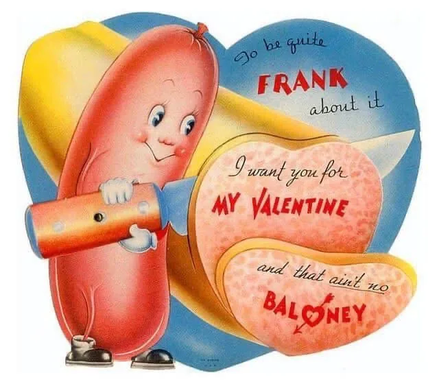A vintage Valentine's Day card features a cartoon hot dog character wearing shoes and holding a flashlight, standing beside…