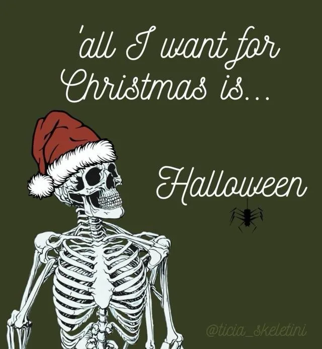 A white skeletal figure wearing a red Santa hat stands against a dark green background. Above the skeleton, the text reads…