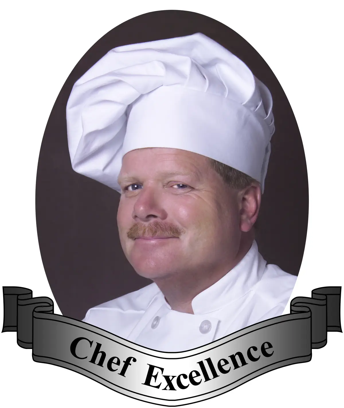 A professionally shot portrait of a middle-aged man with a mustache, wearing a white chef's hat and chef's jacket, framed in…