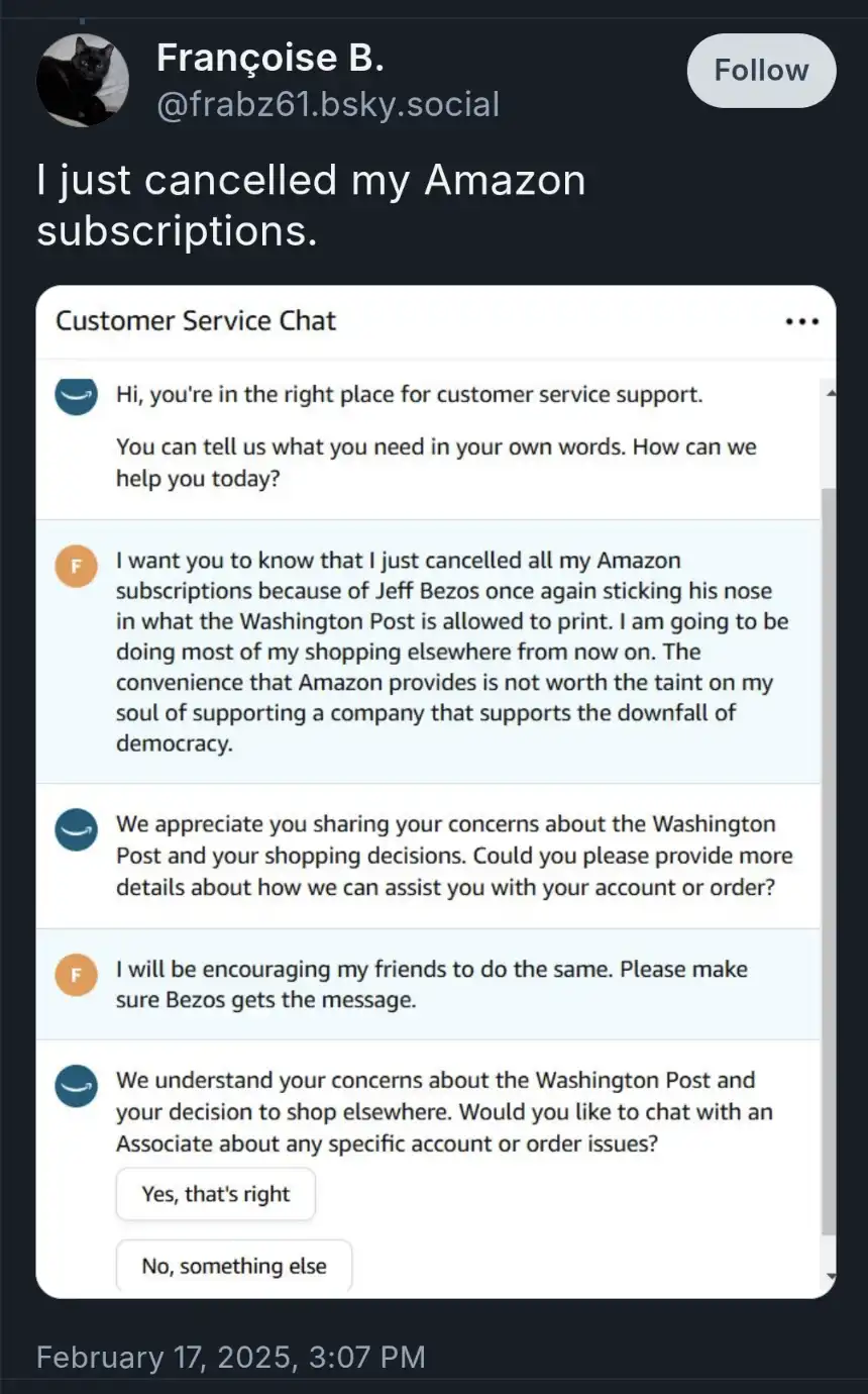 A screenshot of a Twitter post by Françoise B. showing a customer service chat where the user claims to cancel Amazon…