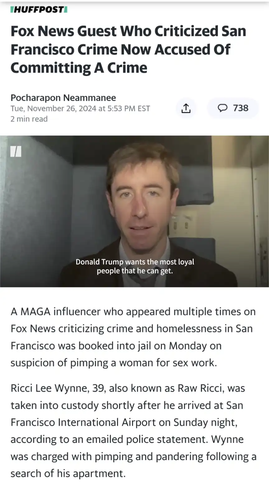 A screenshot of a HuffPost article about a Fox News guest, Ricci Lee Wynne, who criticized San Francisco crime but was later…