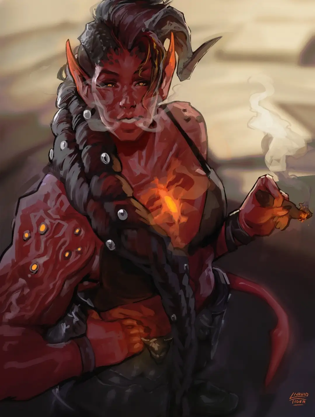 A red-skinned, horned demon-like woman with braided hair smokes a cigar, smoke curling from her mouth and the cigar. She…
