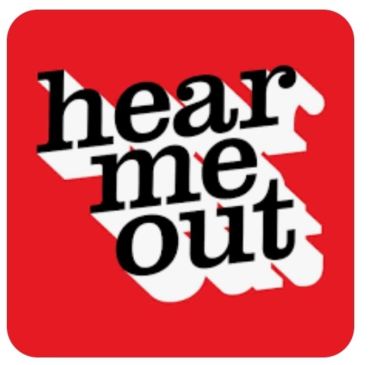 A red square graphic with rounded corners displays the words 'hear me out' in bold black text, overlaid with a white…