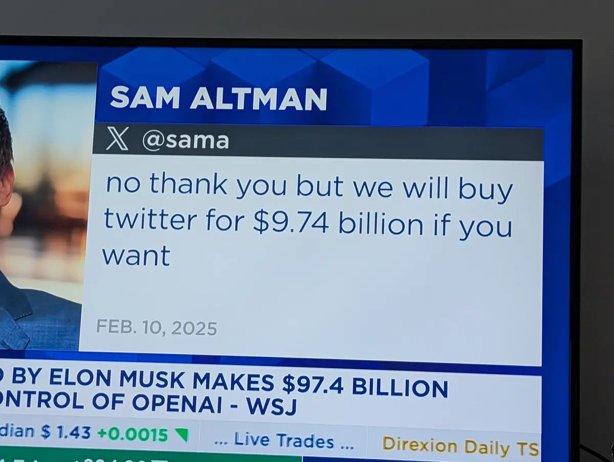 A screenshot of a news broadcast showing a mock X (Twitter) post attributed to Sam Altman, dated February 10, 2025, which…