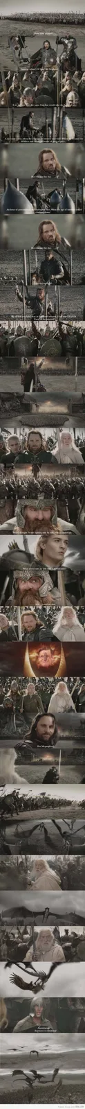 This meme is a collage of scenes from 'The Lord of the Rings: The Return of the King' featuring Aragorn rallying his army…