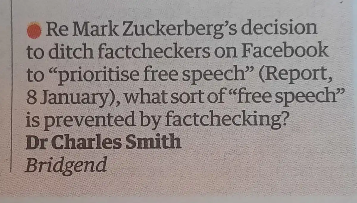 A newspaper letter to the editor shows a reader named Dr Charles Smith from Bridgend questioning Mark Zuckerberg's decision…
