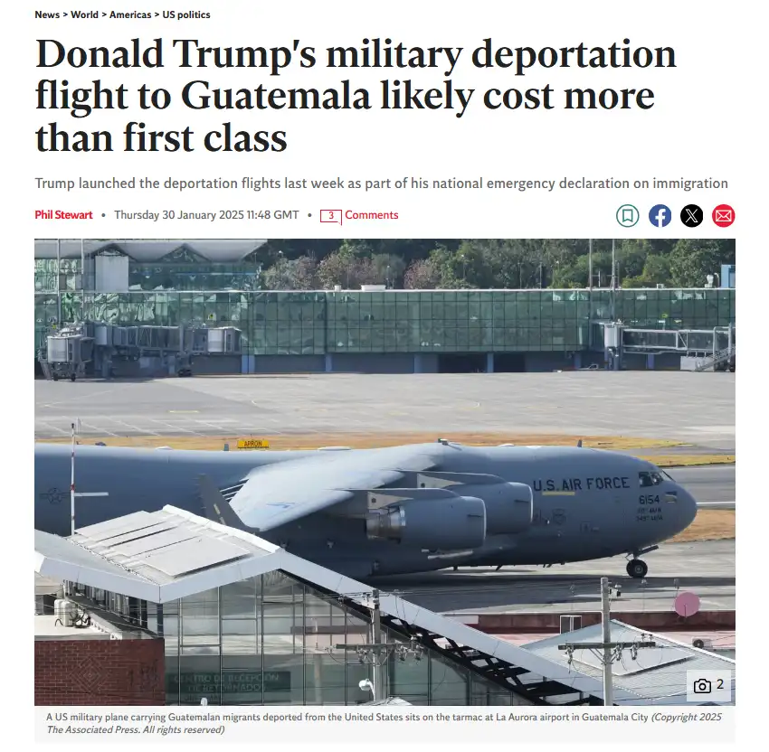 A news article screenshot shows a U.S. Air Force C-17 Globemaster III military transport plane on the tarmac at La Aurora…