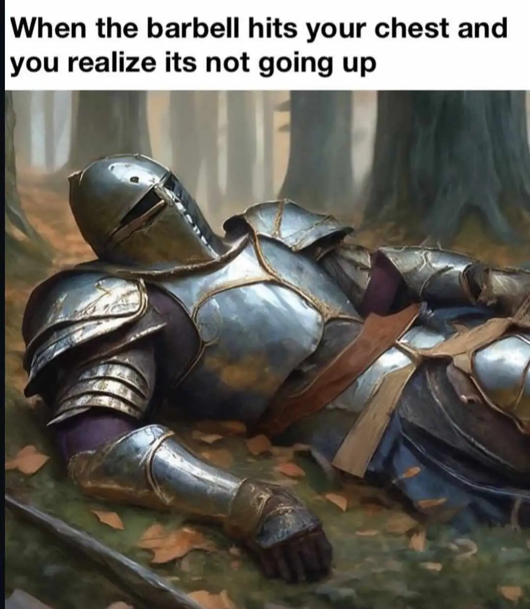 A knight in full metallic armor lies defeated on the forest floor, surrounded by fallen leaves, with a sword nearby. The…