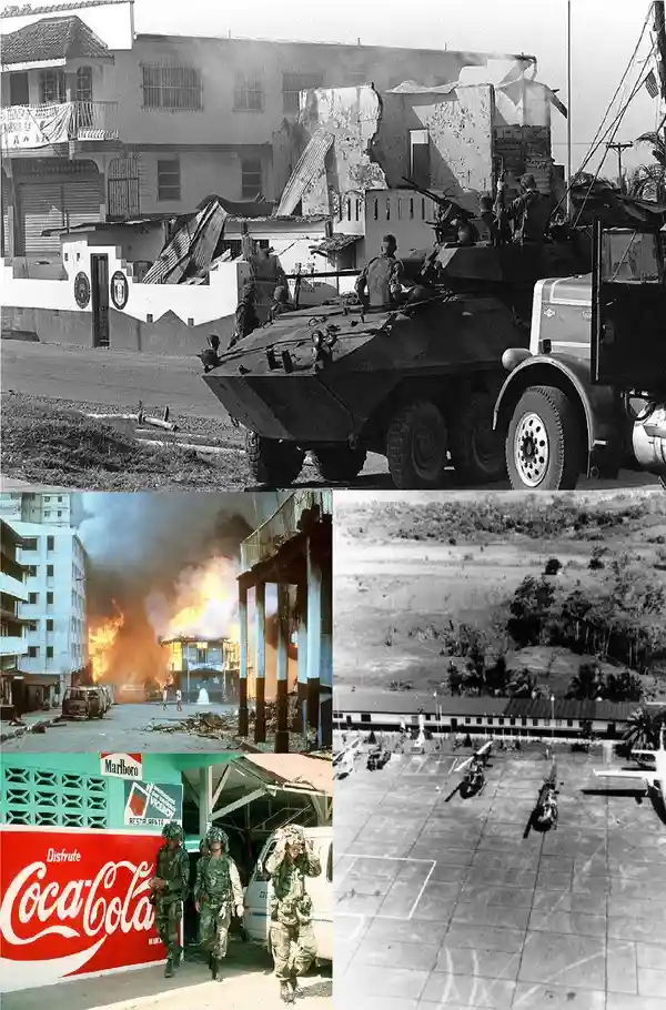 A collage of four black-and-white and color photos showing war scenes: soldiers on an armored vehicle near damaged…