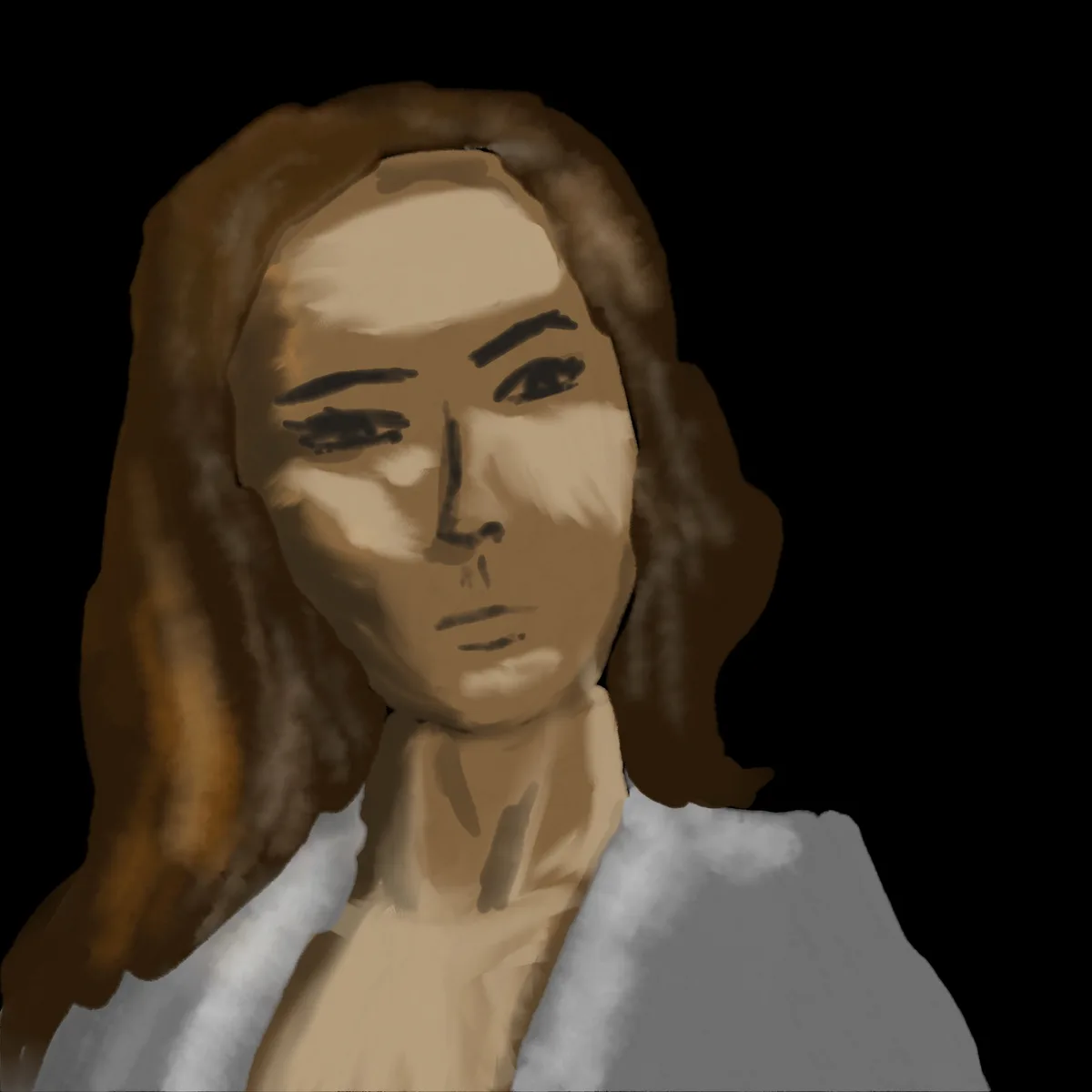 A stylized digital painting of a person with long brown hair and a white top, looking downward with a somber expression…