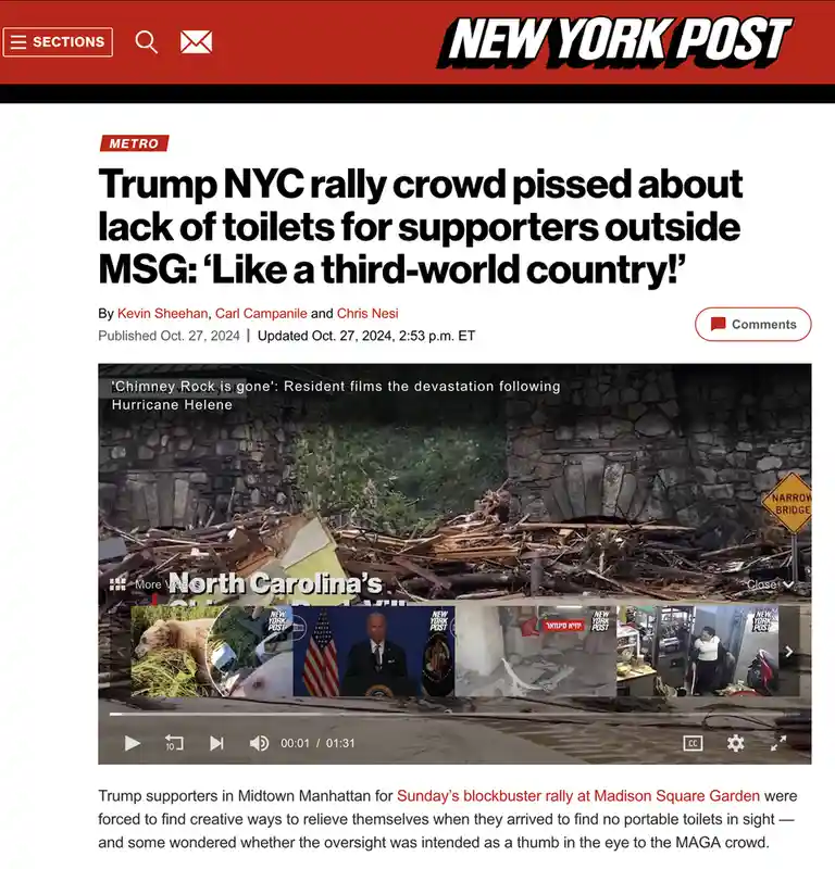 A screenshot of a New York Post article about Trump supporters at a rally in NYC complaining about the lack of portable…