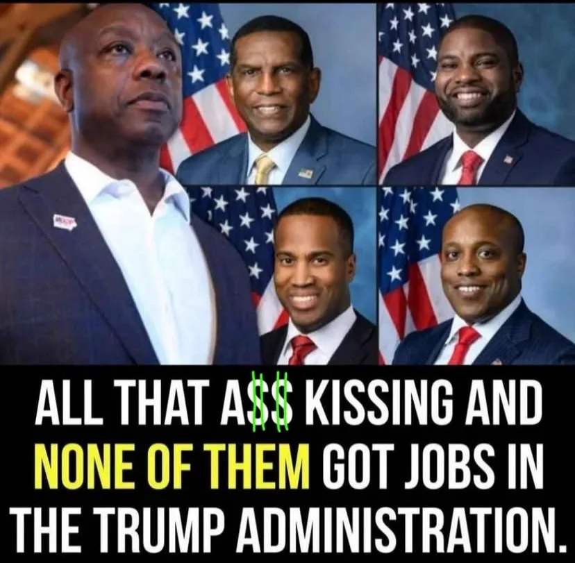 A collage of five smiling Black men in suits, each with an American flag behind them, overlaid with text criticizing their…