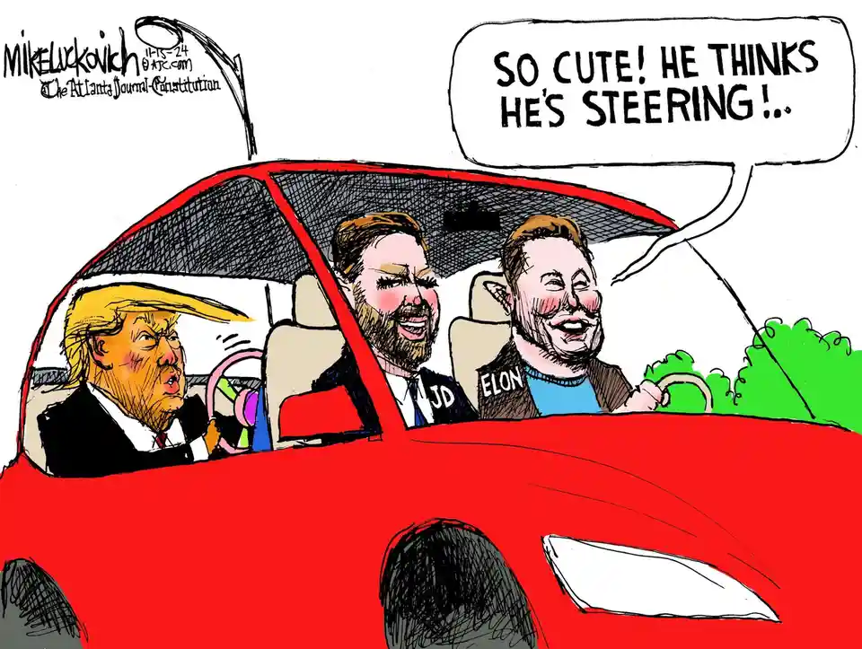 A cartoon depicts three men in a red car: Donald Trump in the driver's seat, Elon Musk in the passenger seat, and JD Vance…