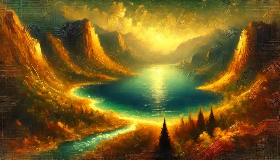 A painterly, impressionistic landscape depicts a serene valley with a glowing turquoise lake nestled between golden-brown…