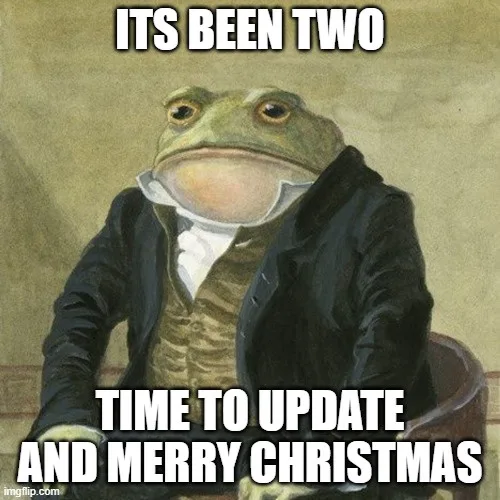 A green frog wearing a black suit, white shirt, and patterned vest sits in a chair, looking forward with a slightly open…