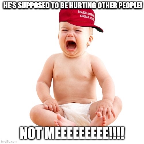 A crying baby wearing a red 'MAKE AMERICA GREAT AGAIN' cap sits on a white background. The text at the top reads 'HE'S…