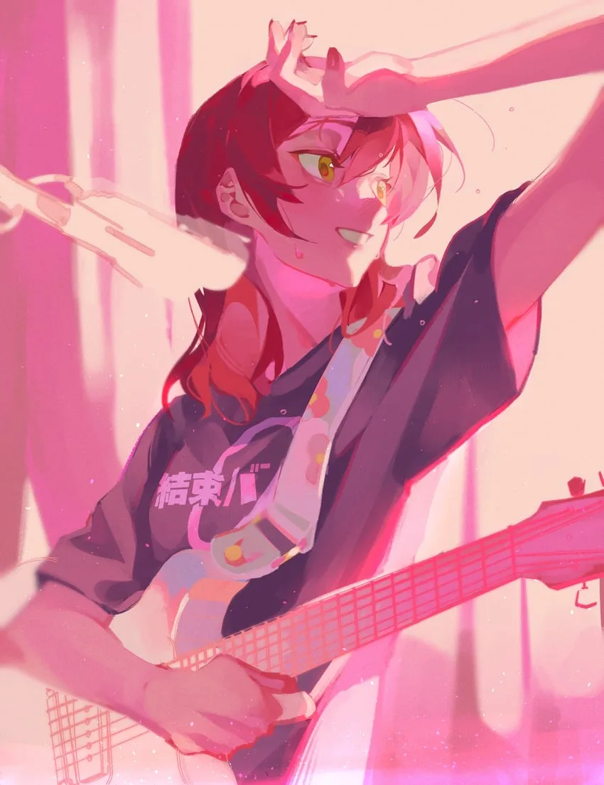 An anime-style illustration of a person with red hair and yellow eyes, wearing a black shirt with the Japanese text '結束バ' on…