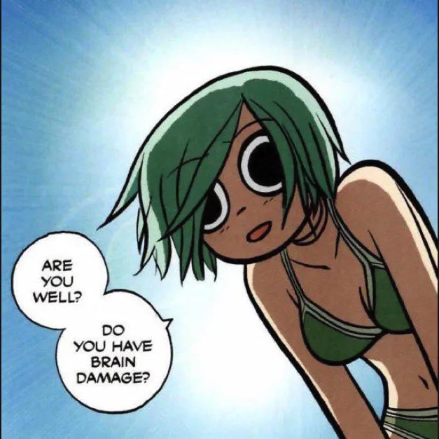 A cartoon girl with green hair and a green bikini top leans forward with a concerned expression, her large eyes staring…