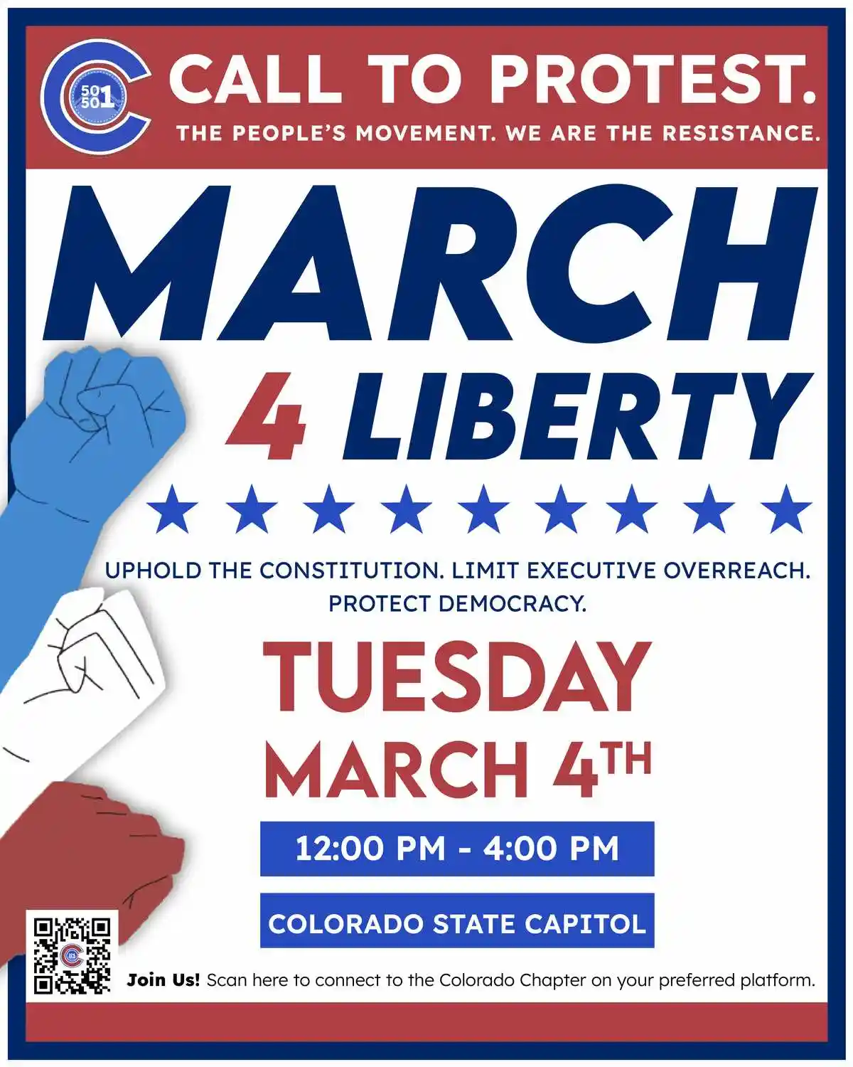 A protest flyer for 'March 4 Liberty' organized by '501c' (likely 501(c)(4) or 501(c)(3) nonprofit) featuring three raised…