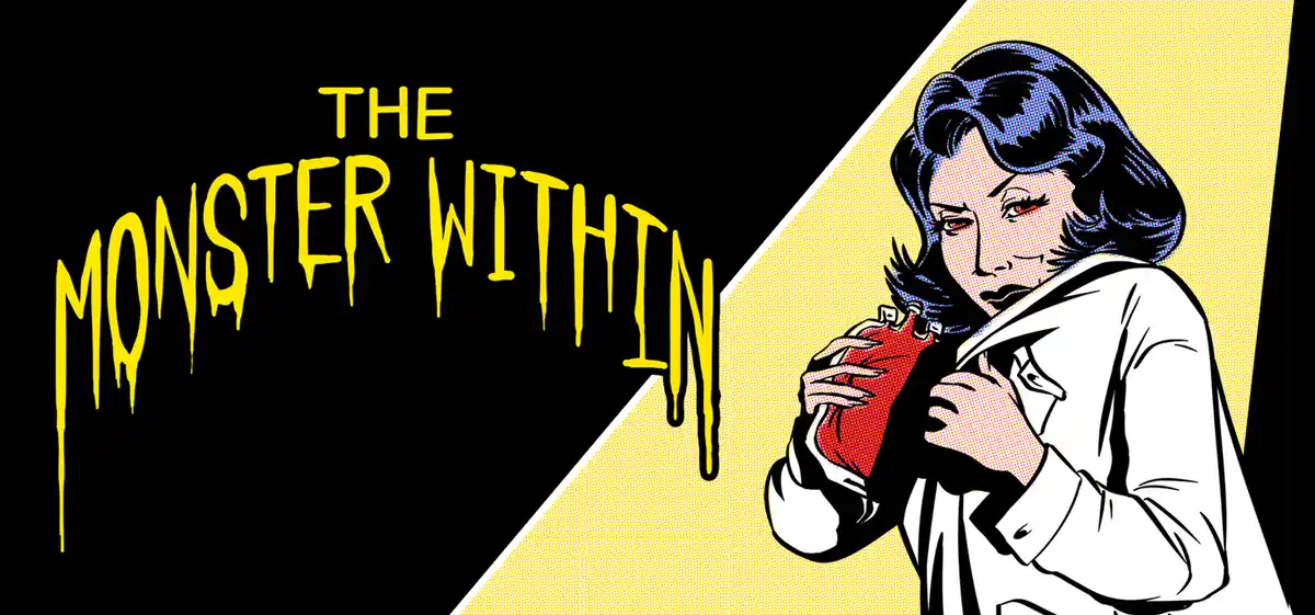 A pop-art style illustration shows a woman with dark hair and red eyes, wearing a white shirt, pulling open her chest to…