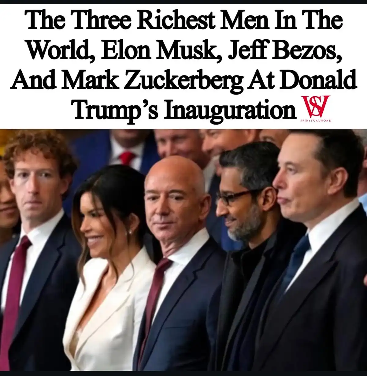 A photo shows five people standing in a row at what appears to be a formal event. From left to right: Mark Zuckerberg, a…