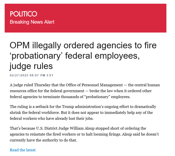 A screenshot of a Politico news article with a red header reading 'POLITICO Breaking News Alert'. The headline states 'OPM…