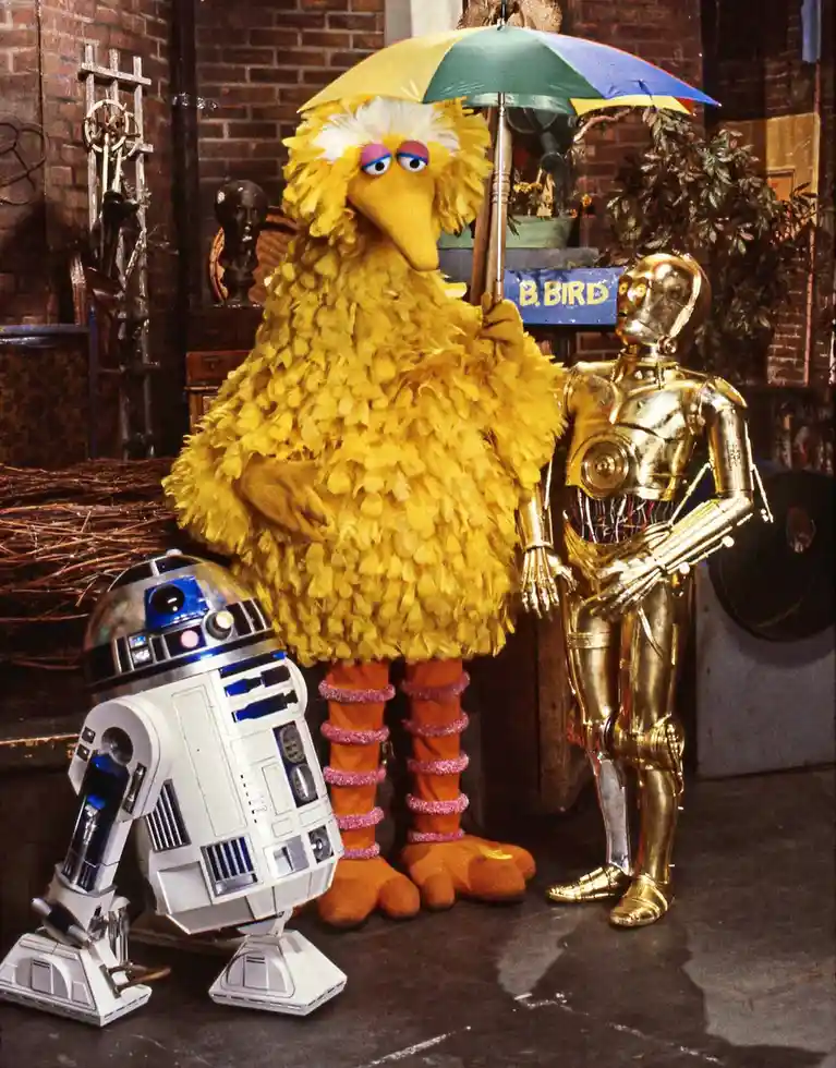 A still image shows Big Bird from Sesame Street holding a colorful umbrella over C-3PO and R2-D2 from Star Wars. Big Bird…