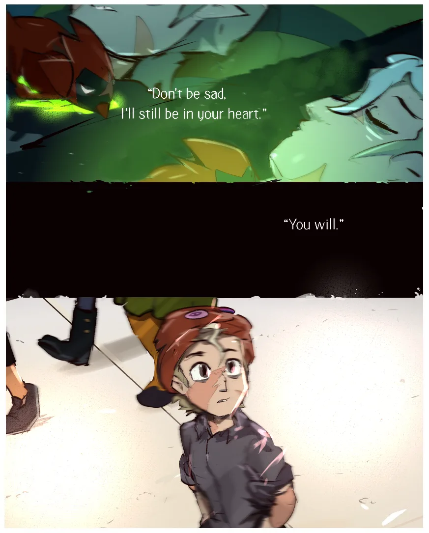 The image is split into two panels. The top panel shows two anime-style characters in a dark, green-toned scene with the…