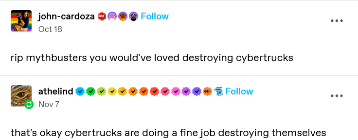 A screenshot of two Instagram comments. The first, from 'john-cardoza' dated Oct 18, reads 'rip mythbusters you would've…
