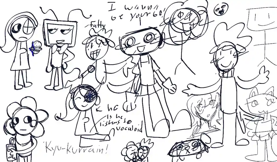 A black-and-white doodle featuring multiple cartoon characters, including a girl holding a burger, a square-headed figure…