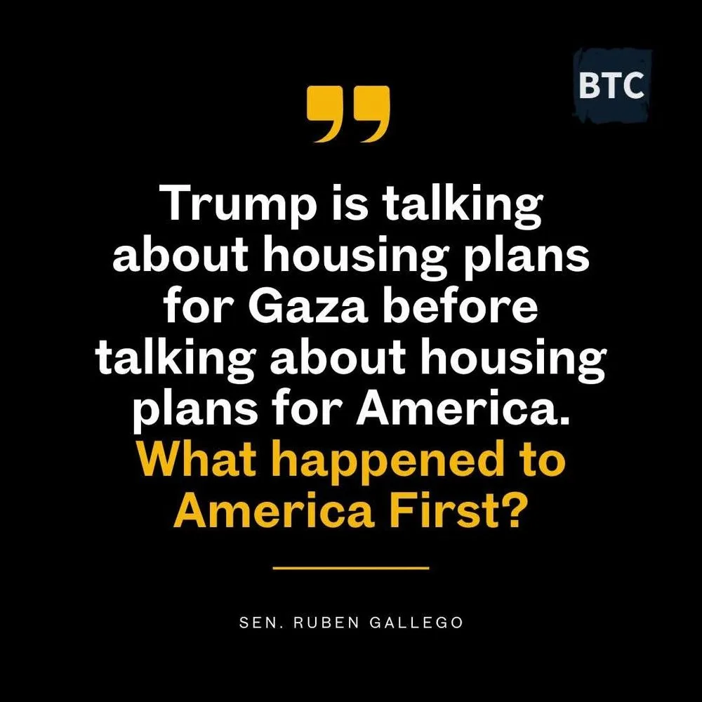 A black background features large white text stating 'Trump is talking about housing plans for Gaza before talking about…