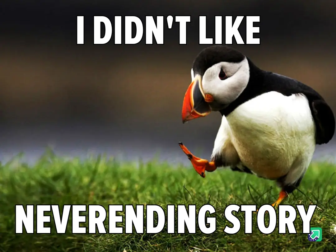 A puffin stands on green grass with a blurred background, looking down and kicking one foot up. White bold text at the top…
