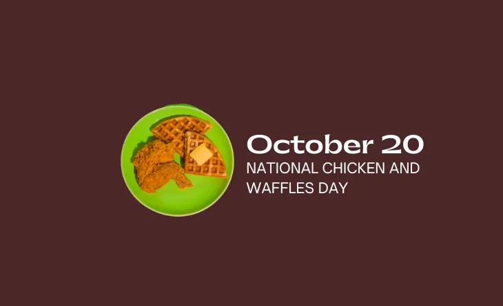 A green plate holds crispy fried chicken pieces and a square waffle with butter on top, set against a dark brown background…