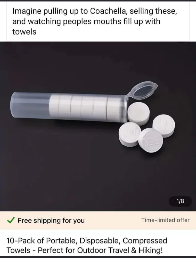 A product image shows a clear plastic tube filled with compressed, white, disc-shaped towels, with four more discs spilled…